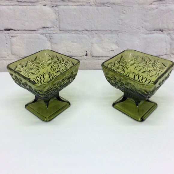 Vintage Indiana Glass Olive Green Diamond Shape Pedestal Candy Dish Bowl Set 2 - Picture 3 of 12